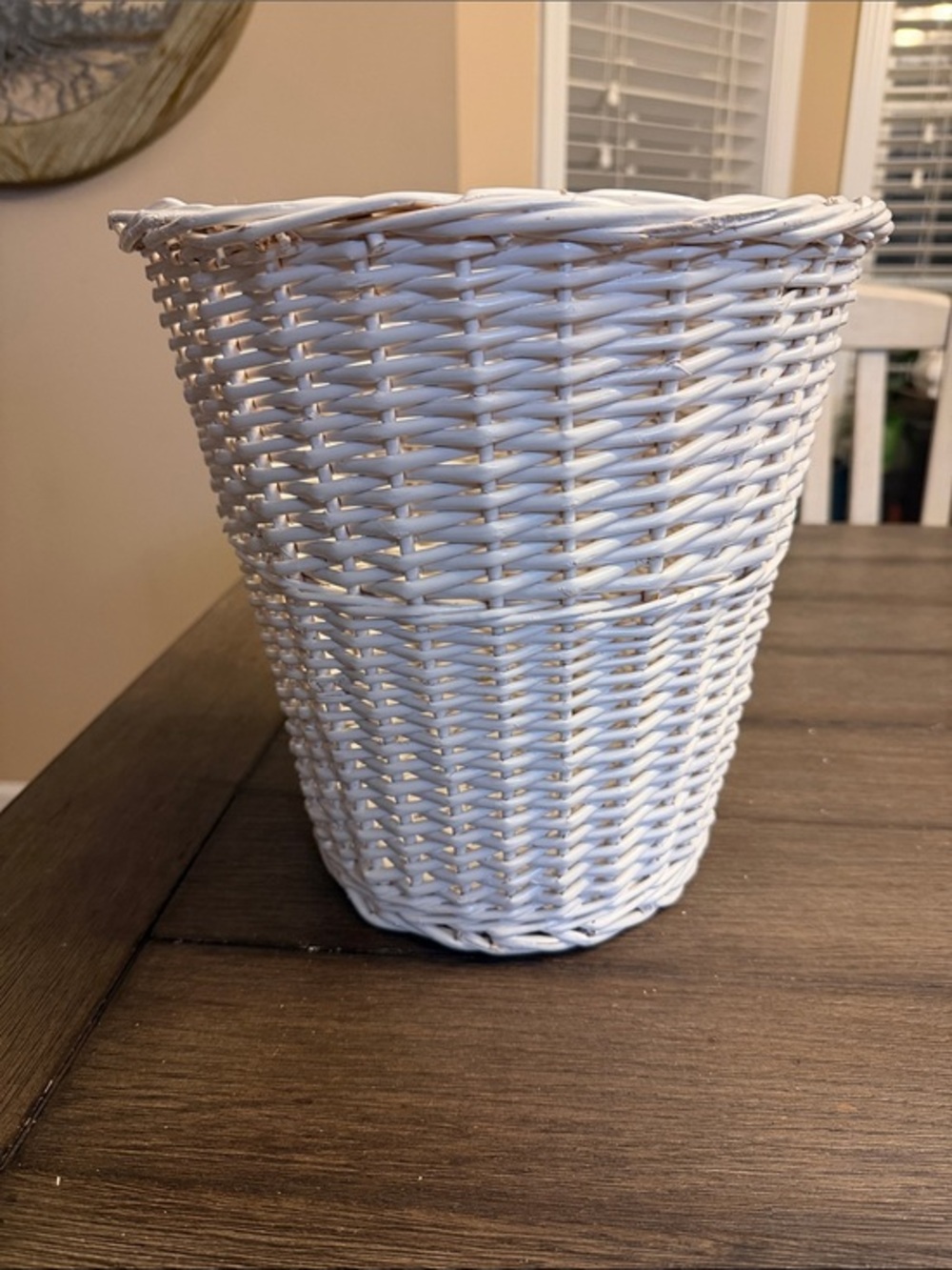 Vintage BOHO Cottage White Wicker Woven Beach Trash Basket / Wastebasket